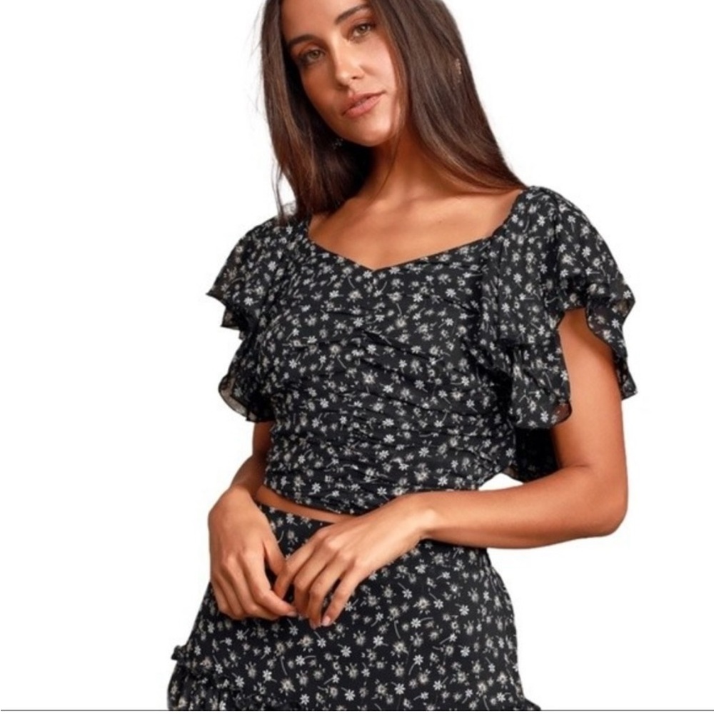 Lulus Miya Boho Black Ditsy Floral Ruffled Cropped Top Blouse